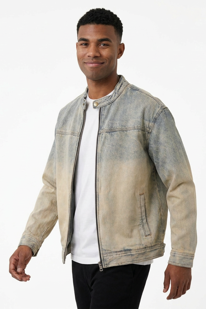 Men's Retro Ombre Faded Zip-Up Casual Denim Jacket