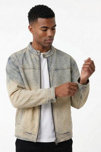 Men's Retro Ombre Faded Zip-Up Casual Denim Jacket