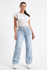Women's Cotton-Blend Vintage Wash Straight-Leg Jeans with Asymmetrical Cross-Over Waistband
