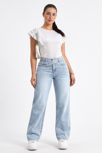 Women's Cotton-Blend Vintage Wash Straight-Leg Jeans with Asymmetrical Cross-Over Waistband