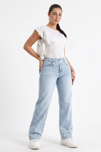 Women's Cotton-Blend Vintage Wash Straight-Leg Jeans with Asymmetrical Cross-Over Waistband