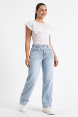 Women's Cotton-Blend Vintage Wash Straight-Leg Jeans with Asymmetrical Cross-Over Waistband