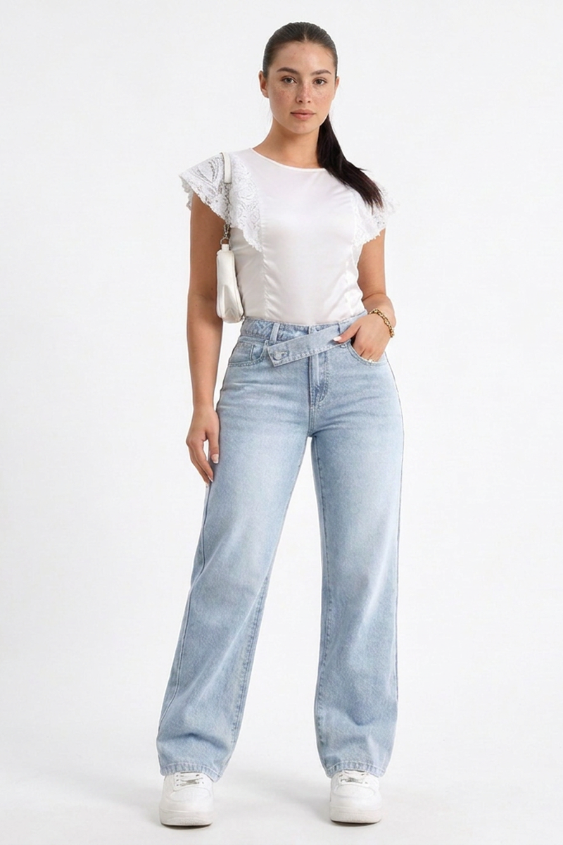 Women's Cotton-Blend Vintage Wash Straight-Leg Jeans with Asymmetrical Cross-Over Waistband