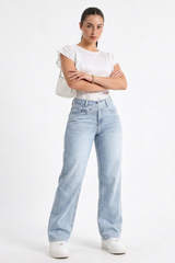 Women's Cotton-Blend Vintage Wash Straight-Leg Jeans with Asymmetrical Cross-Over Waistband