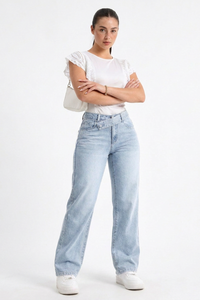 Women's Cotton-Blend Vintage Wash Straight-Leg Jeans with Asymmetrical Cross-Over Waistband