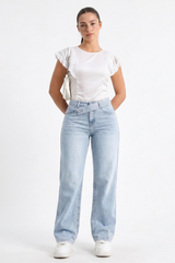 Women's Cotton-Blend Vintage Wash Straight-Leg Jeans with Asymmetrical Cross-Over Waistband