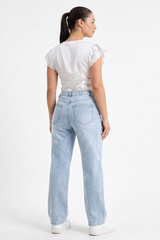 Women's Cotton-Blend Vintage Wash Straight-Leg Jeans with Asymmetrical Cross-Over Waistband