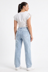 Women's Cotton-Blend Vintage Wash Straight-Leg Jeans with Asymmetrical Cross-Over Waistband