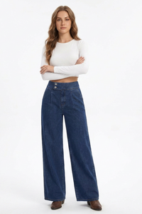 Women's Cotton-Blend High-Waisted Double-Button Wide-Leg Jeans