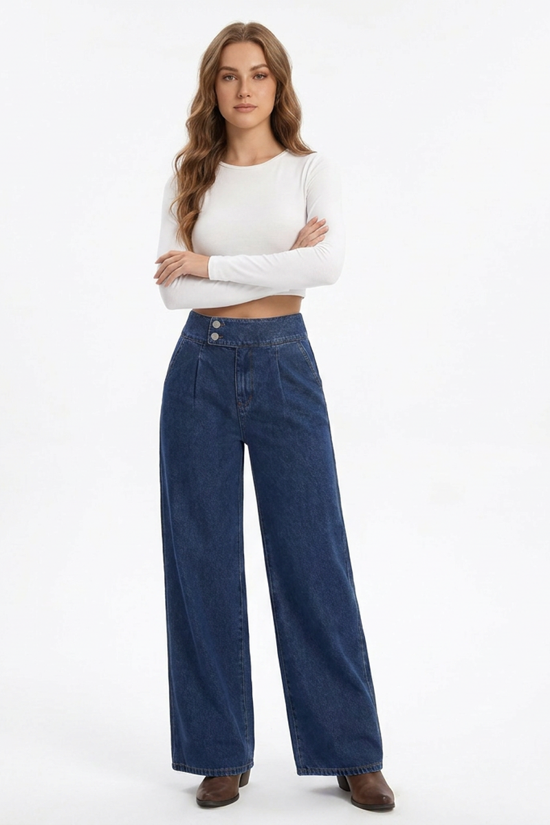 Women's Cotton-Blend High-Waisted Double-Button Wide-Leg Jeans
