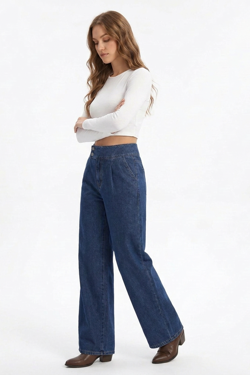 Women's Cotton-Blend High-Waisted Double-Button Wide-Leg Jeans