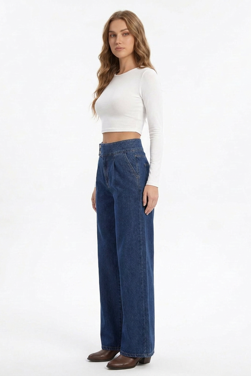 Women's Cotton-Blend High-Waisted Double-Button Wide-Leg Jeans