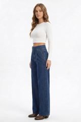 Women's Cotton-Blend High-Waisted Double-Button Wide-Leg Jeans