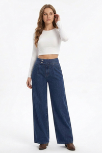 Women's Cotton-Blend High-Waisted Double-Button Wide-Leg Jeans