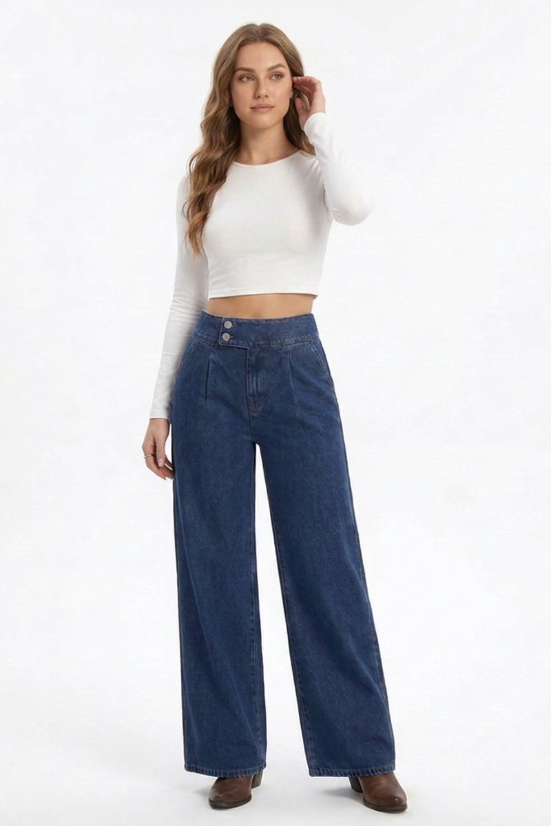 Women's Cotton-Blend High-Waisted Double-Button Wide-Leg Jeans