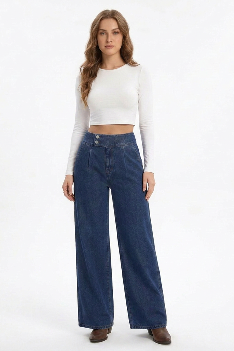Women's Cotton-Blend High-Waisted Double-Button Wide-Leg Jeans