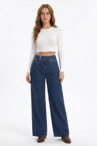 Women's Cotton-Blend High-Waisted Double-Button Wide-Leg Jeans