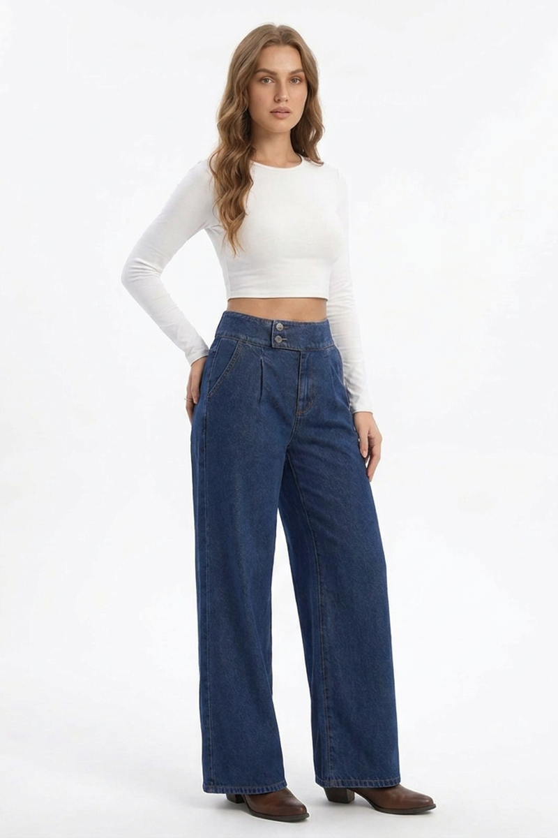 Women's Cotton-Blend High-Waisted Double-Button Wide-Leg Jeans