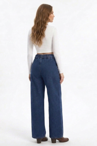 Women's Cotton-Blend High-Waisted Double-Button Wide-Leg Jeans