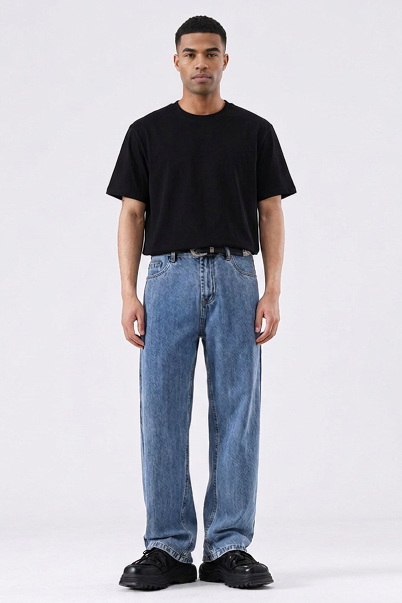 Men's Summer Sky Blue Five Pocket Relaxed Straight Leg Jeans