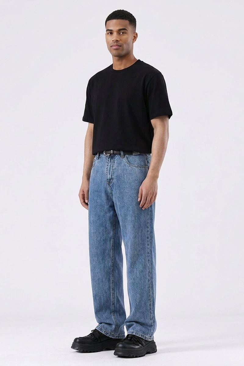 Men's Summer Sky Blue Five Pocket Relaxed Straight Leg Jeans