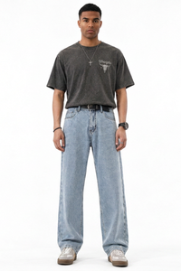 Men's Summer Bleach Blue Mottled Easy Fit Straight Leg Jeans