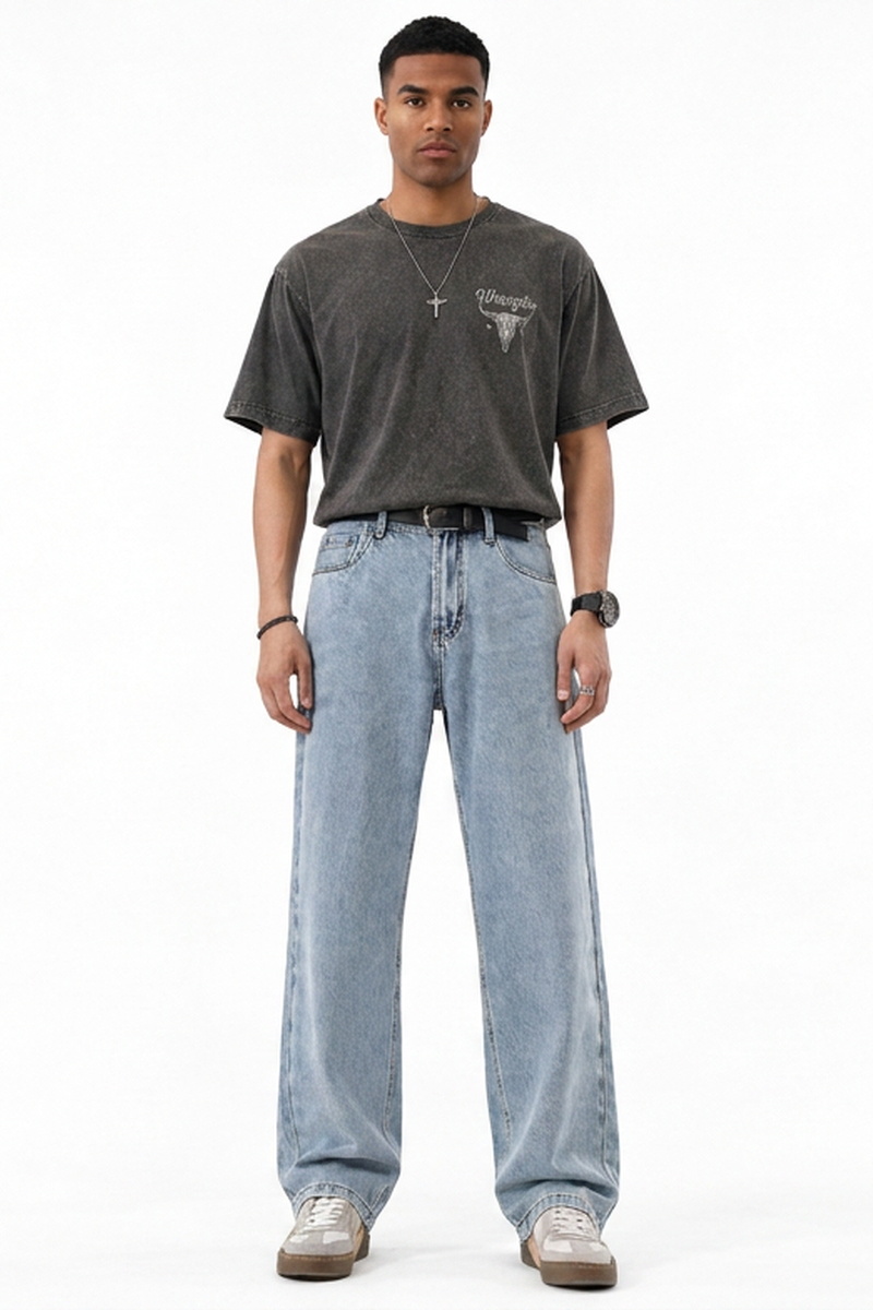 Men's Summer Bleach Blue Mottled Easy Fit Straight Leg Jeans