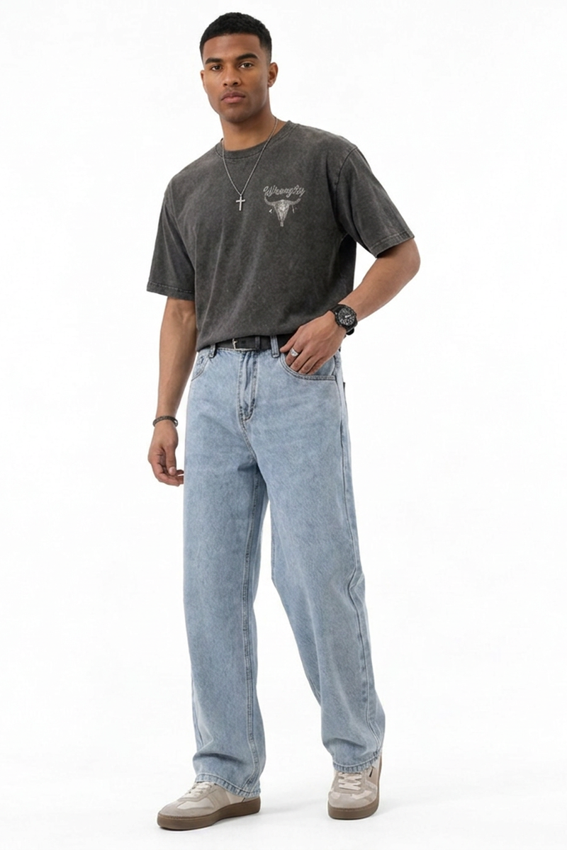 Men's Summer Bleach Blue Mottled Easy Fit Straight Leg Jeans