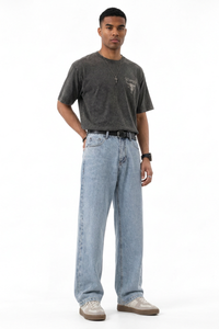 Men's Summer Bleach Blue Mottled Easy Fit Straight Leg Jeans