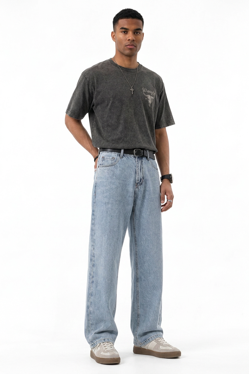 Men's Summer Bleach Blue Mottled Easy Fit Straight Leg Jeans