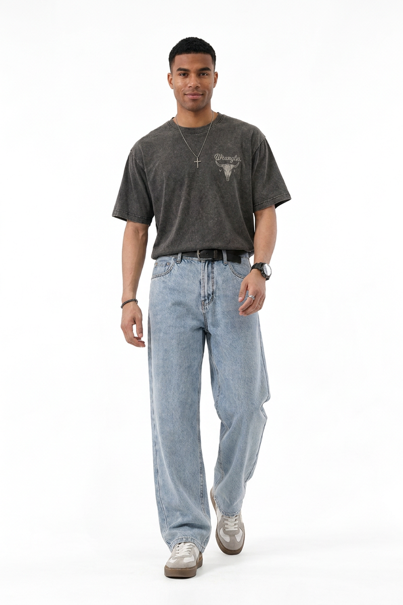 Men's Summer Bleach Blue Mottled Easy Fit Straight Leg Jeans