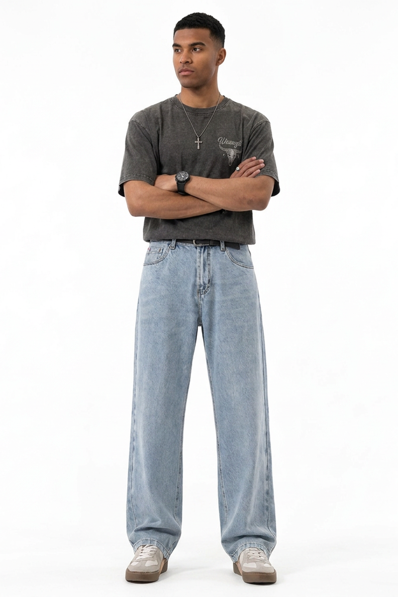 Men's Summer Bleach Blue Mottled Easy Fit Straight Leg Jeans