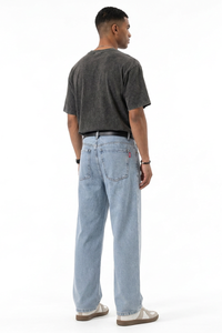 Men's Summer Bleach Blue Mottled Easy Fit Straight Leg Jeans