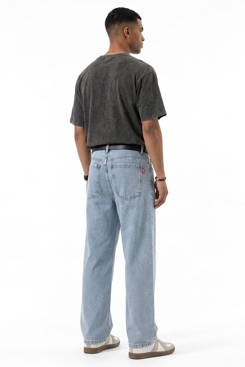 Men's Summer Bleach Blue Mottled Easy Fit Straight Leg Jeans