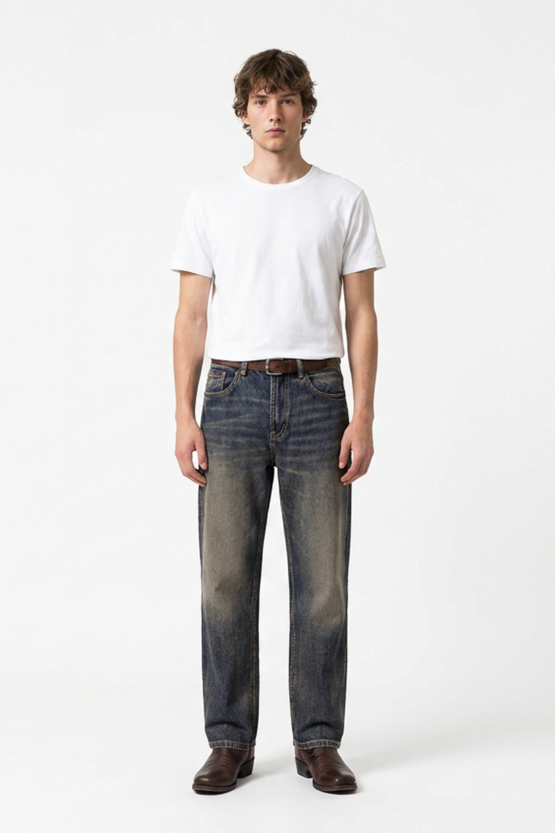 Men's Haze Blue Faded Thigh Detail Casual Straight Leg Jeans
