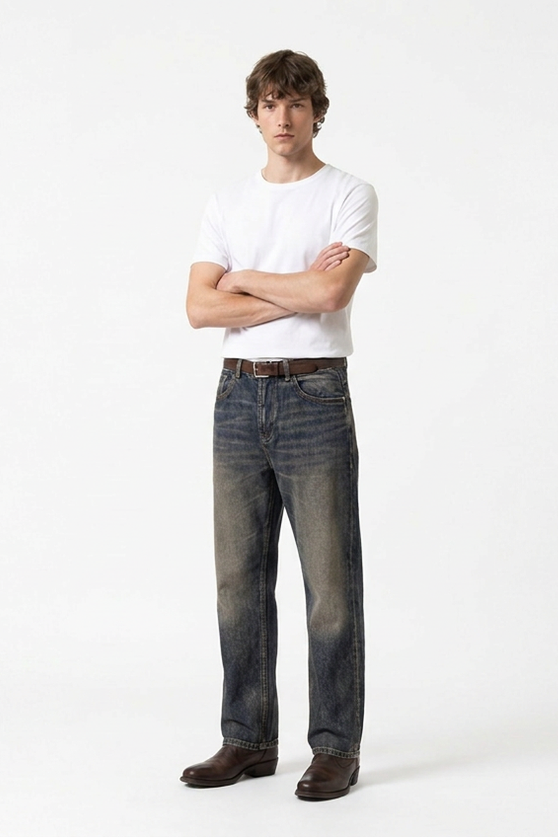 Men's Haze Blue Faded Thigh Detail Casual Straight Leg Jeans