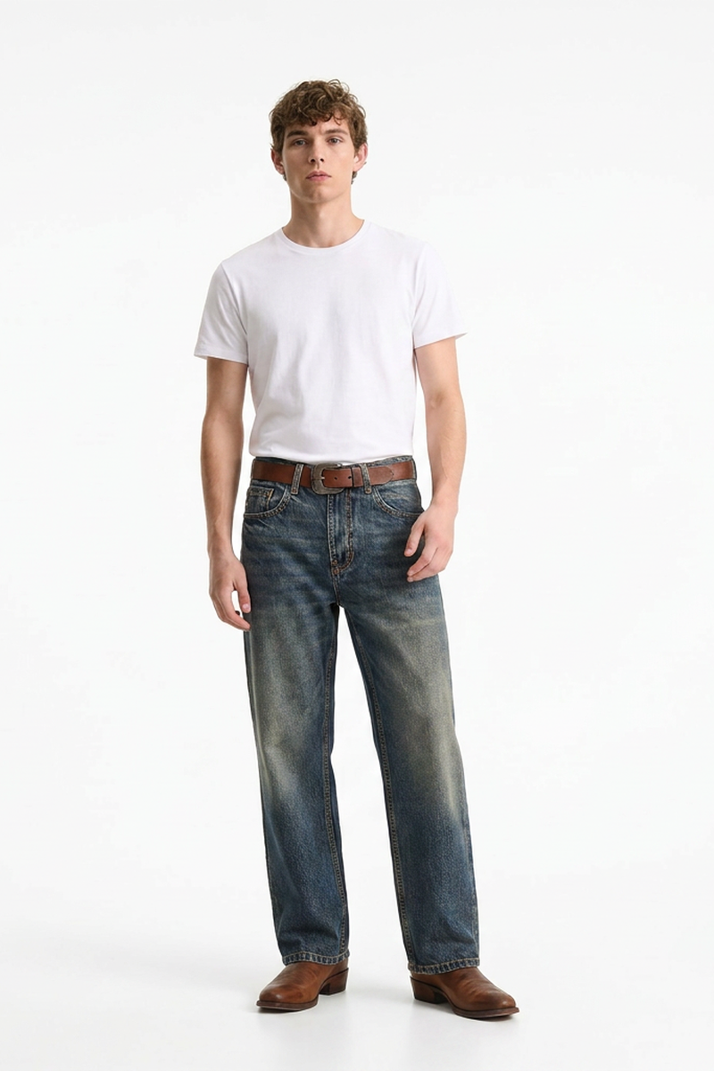 Men's Blue Pocket Stitch Detail Casual Fit Full Length Jeans
