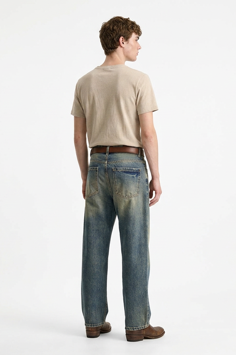 Men's Spring Blue Contrast Fading Classic Straight Leg Jeans