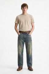 Men's Spring Blue Contrast Fading Classic Straight Leg Jeans