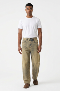 Men's Fall Yellow Mottled Finish Casual Wide Leg Denim Jeans
