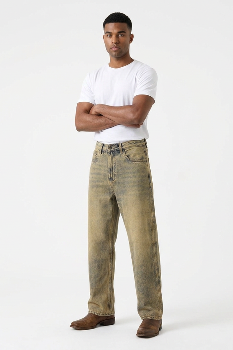 Men's Fall Yellow Mottled Finish Casual Wide Leg Denim Jeans