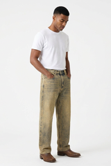 Men's Fall Yellow Mottled Finish Casual Wide Leg Denim Jeans