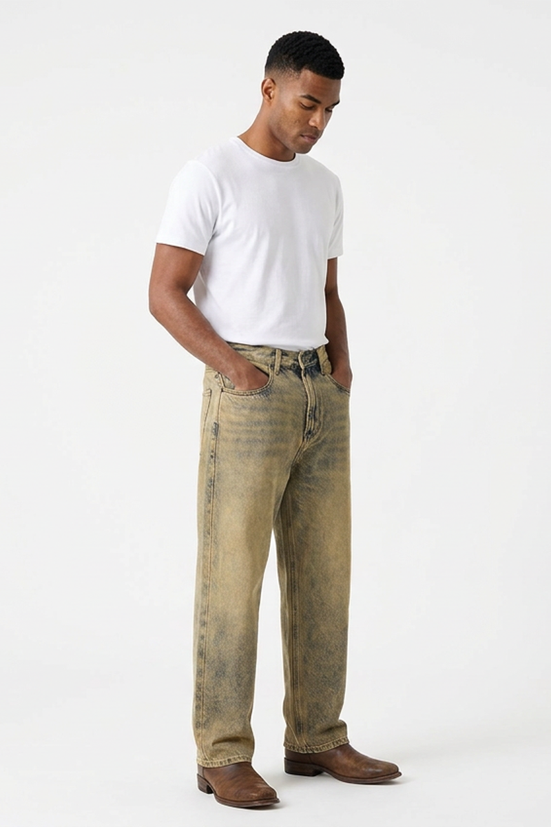 Men's Fall Yellow Mottled Finish Casual Wide Leg Denim Jeans