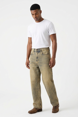 Men's Fall Yellow Mottled Finish Casual Wide Leg Denim Jeans