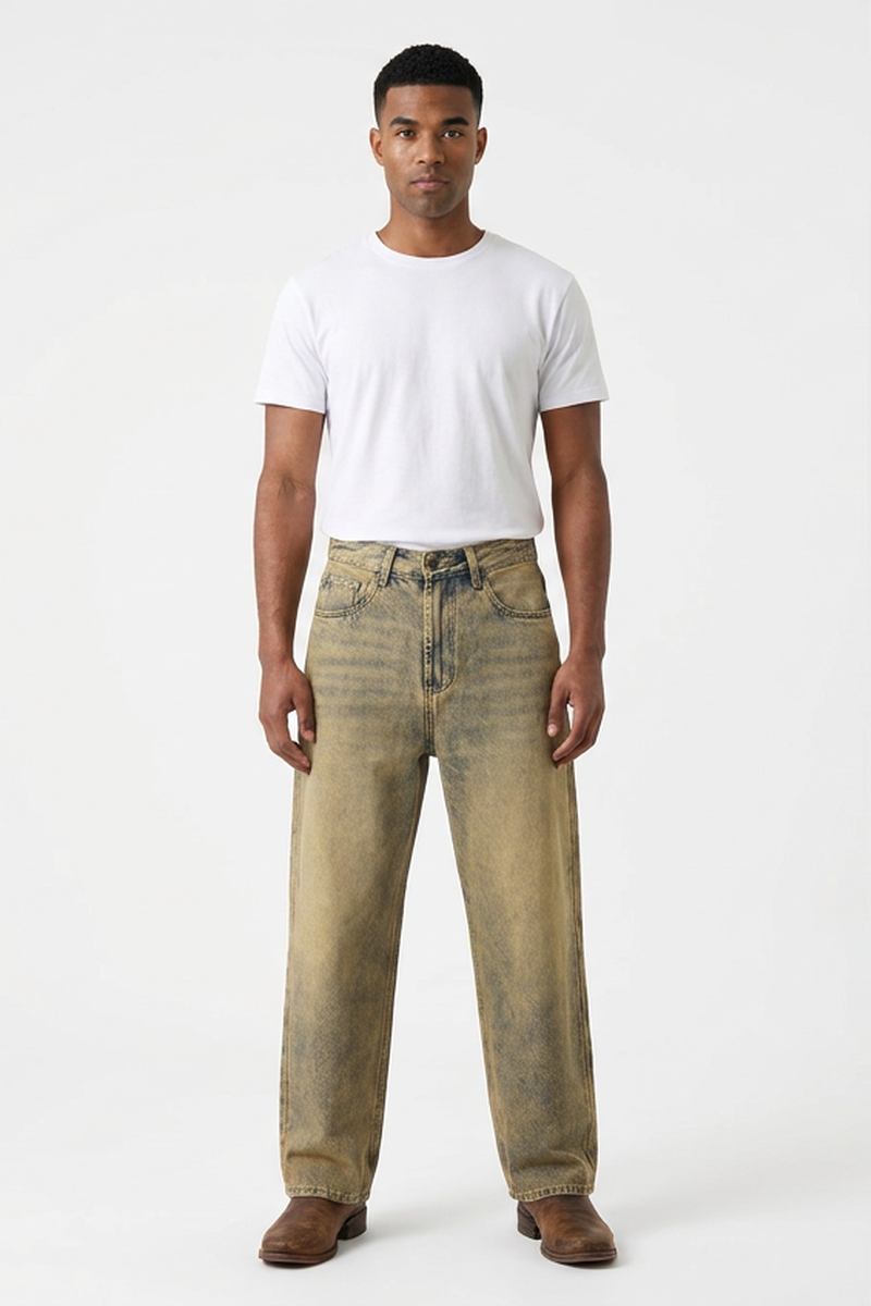 Men's Fall Yellow Mottled Finish Casual Wide Leg Denim Jeans