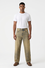 Men's Fall Yellow Mottled Finish Casual Wide Leg Denim Jeans