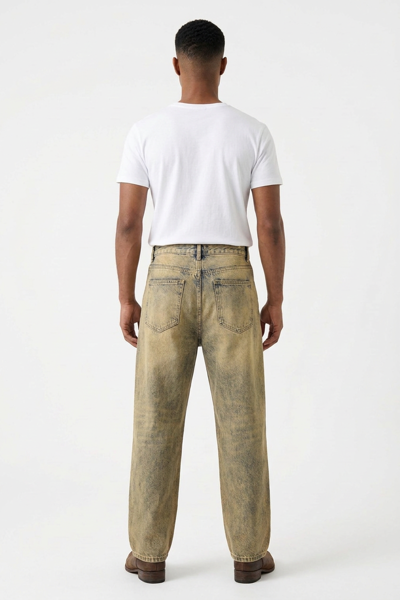 Men's Fall Yellow Mottled Finish Casual Wide Leg Denim Jeans