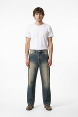 Men's Blue Panel Fading Loose Fit Full Length Wide Leg Jeans