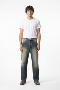 Men's Blue Panel Fading Loose Fit Full Length Wide Leg Jeans