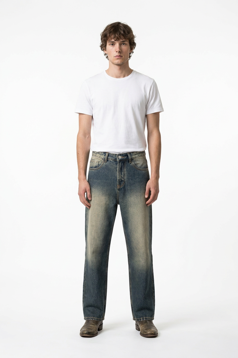 Men's Blue Panel Fading Loose Fit Full Length Wide Leg Jeans